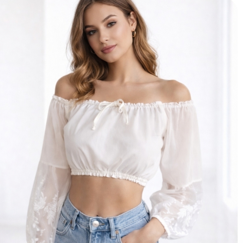 White Cropped Floral  Lace Elasticized Top